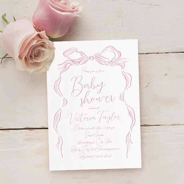 Elegant Pastel Pink Hand Drawn Bow Baby Shower Invitation | Zazzle
