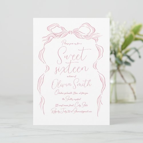 Elegant Pastel Pink Hand Drawn Bow Sweet Sixteen Invitation