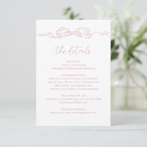 Elegant Pastel Pink Hand Drawn Bow Wedding Details Enclosure Card