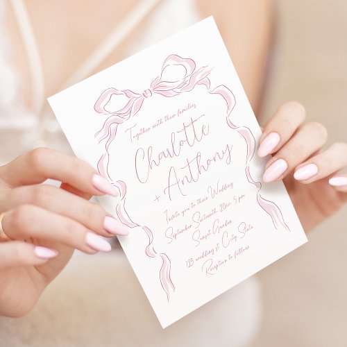 Elegant Pastel Pink Hand Drawn Bow Wedding Invitation