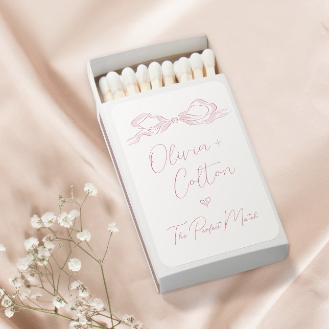 Elegant  Pastel Pink Hand Drawn Bow Wedding Matchboxes (Elegant Pastel Pink Hand Drawn Bow Wedding Matchboxes)