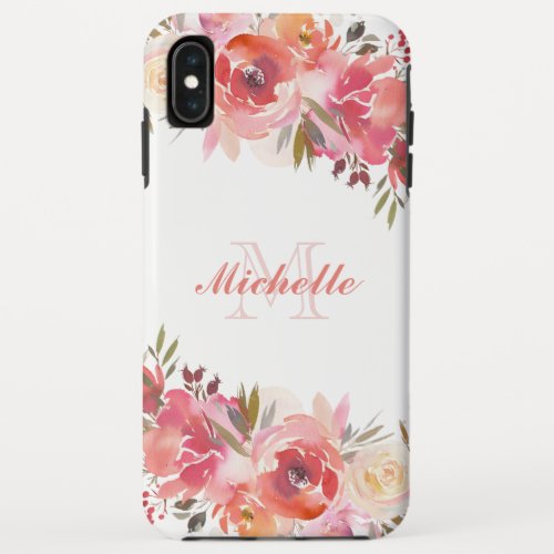 Elegant Pastel Pink Peach Rose Floral Monogram iPhone XS Max Case