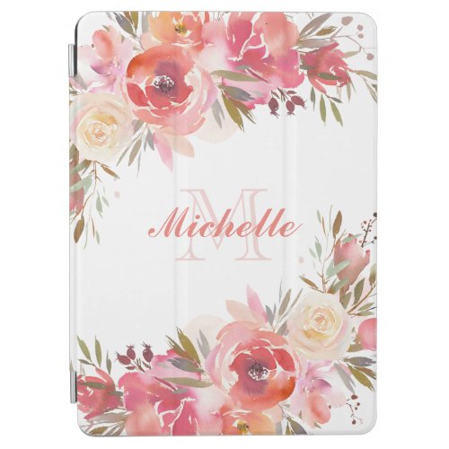 Elegant Pastel Pink Peach Rose Floral Monogram iPad Air Cover