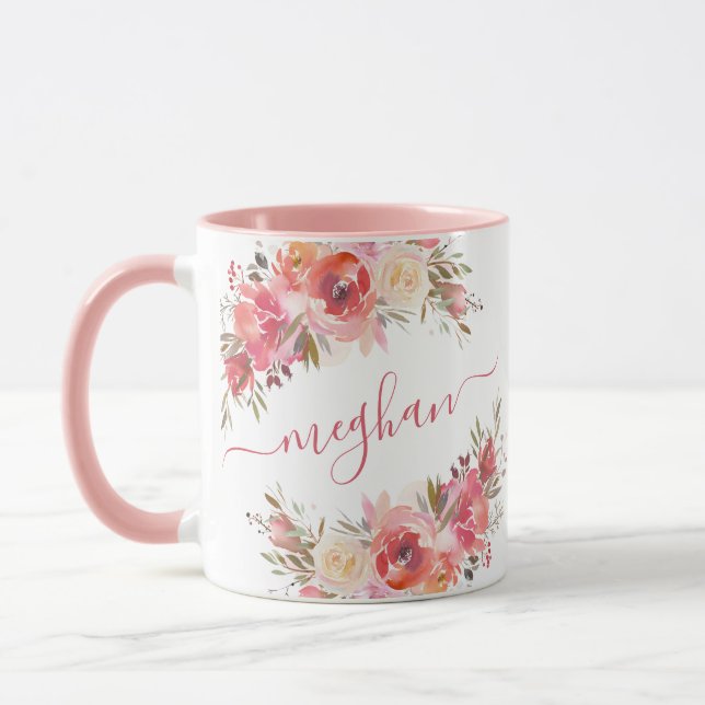 Elegant Pastel Pink Peach Rose Floral Monogram  Mu Mug (Left)