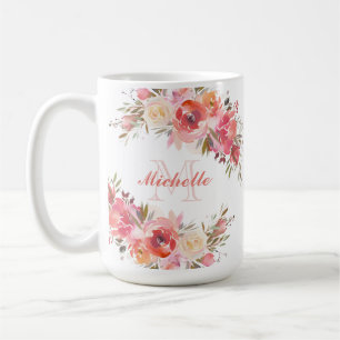 Elegant Pastel Pink Peach Rose Floral Name Coffee Mug