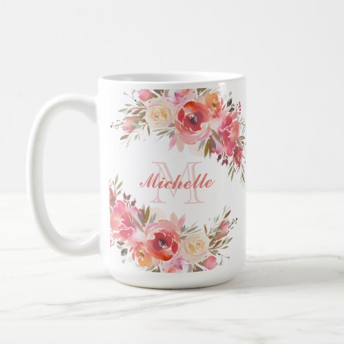 Elegant Pastel Pink Peach Rose Floral Name Coffee Mug