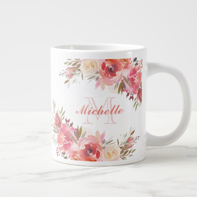 Elegant Pastel Pink Peach Rose Floral Name Giant Coffee Mug (Right)