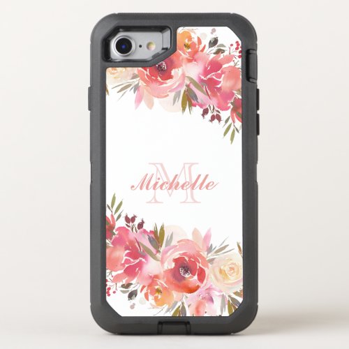 Elegant Pastel Pink Peach Rose Floral Name OtterBox Defender iPhone SE87 Case