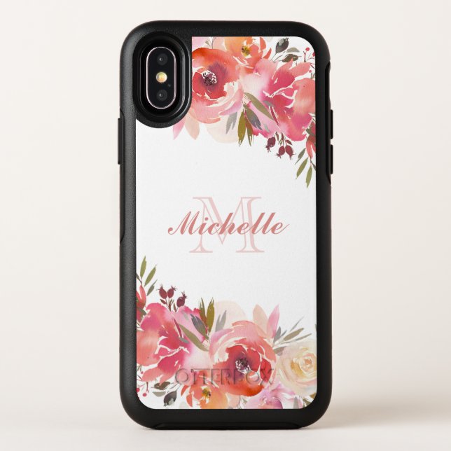 Elegant Pastel Pink Peach Rose Floral Name Otterbox iPhone Case (Back)