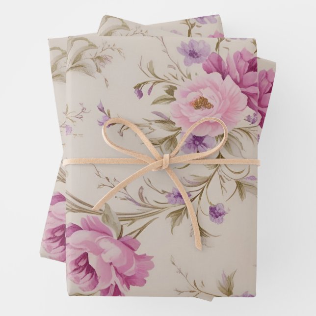 Elegant Pastel Pink & Purple Garden Blooms Wrapping Paper Sheets (In situ)