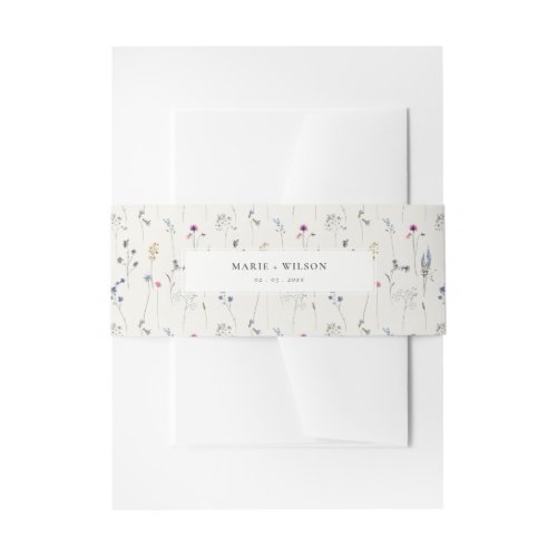Elegant Pastel Pink Red Blue Wildflower Watercolor Invitation Belly Band