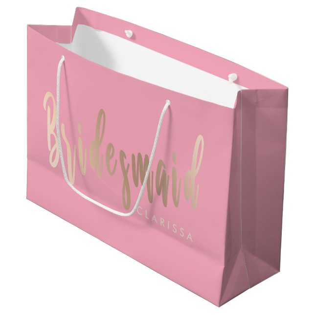 Elegant pastel pink & rose gold bridesmaid large gift bag (Front Angled)