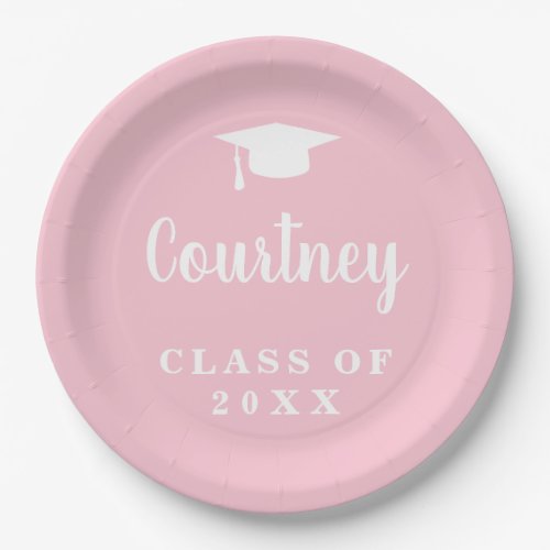 Elegant Pastel Pink Script Name Graduation Cap Paper Plates