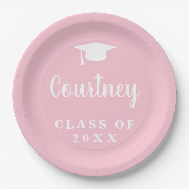 Elegant Pastel Pink Script Name Graduation Cap Paper Plates (Front)
