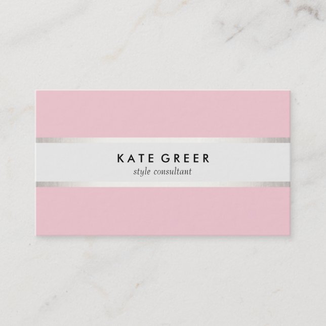 Elegant Pastel Pink Silver Striped Professional Business Card (Front)