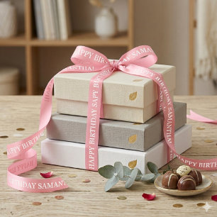 Elegant Pastel Pink & White Birthday Wish Satin Ribbon