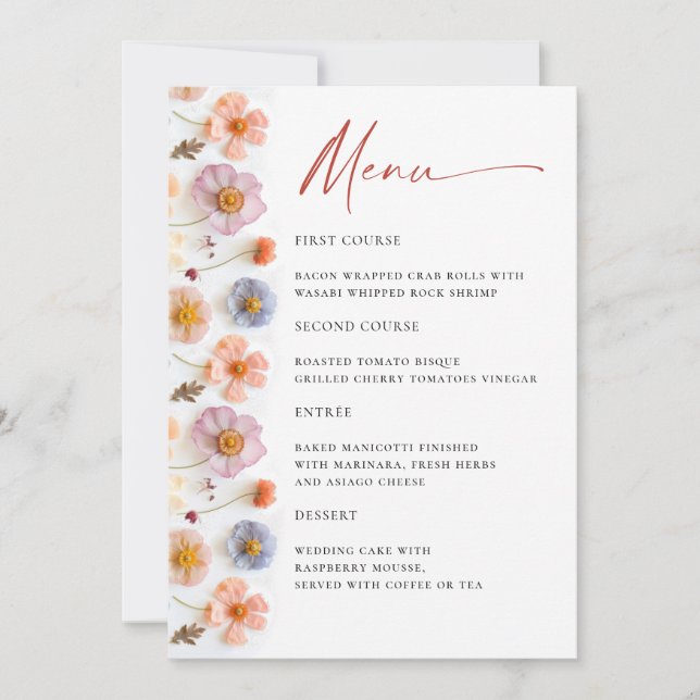 Elegant Pastel Pink Wildflower Bridal Shower Menu Invitation (Front)