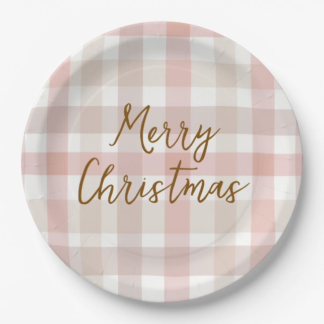 Elegant Pastel Plaid Merry Christmas Paper Plates (Front)