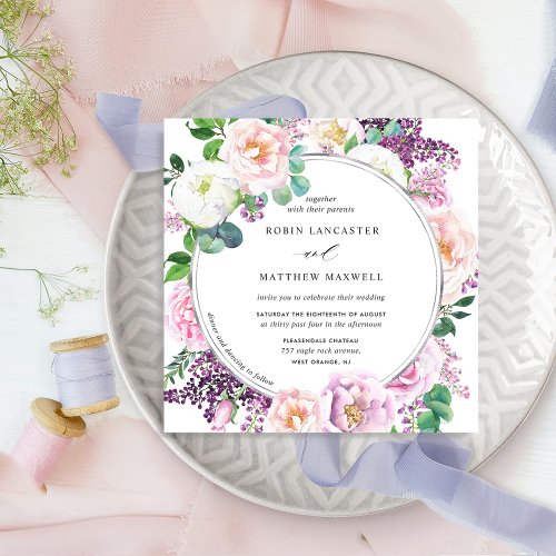 Elegant Pastel Purple Floral Wedding Square Invitation