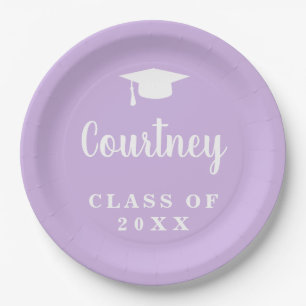 Elegant Pastel Purple Script Name Graduation Cap Paper Plates