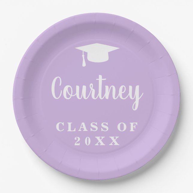 Elegant Pastel Purple Script Name Graduation Cap Paper Plates (Front)