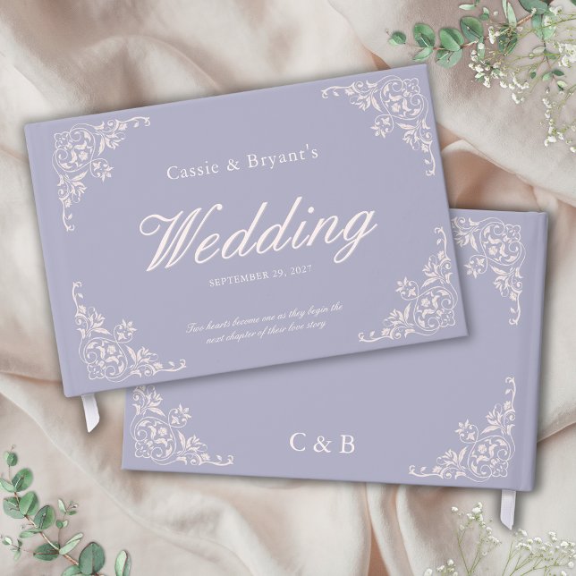 Elegant Pastel Purple Vintage Wedding Guest Book (traditional light purple lavender wedding guest book with names monogram date and message on cover)