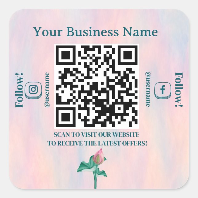 Elegant Pastel QR Code Website Business   Square Sticker (Front)
