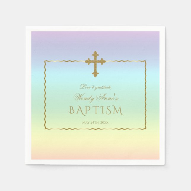 Elegant Pastel Rainbow Colour Gold Cross Baptism Napkins (Front)