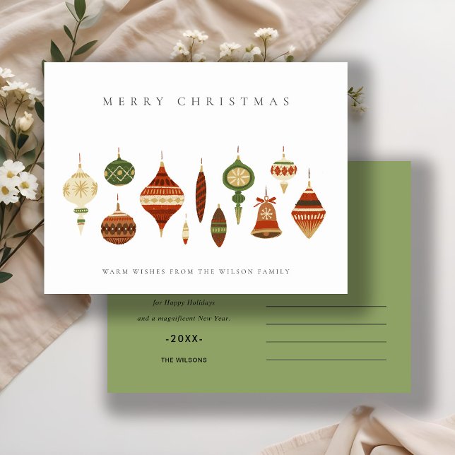 ELEGANT PASTEL RED GREEN STAR CHIRSTMAS ORNAMENTS HOLIDAY POSTCARD (Creator Uploaded)