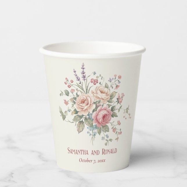 Elegant Pastel Roses Shabby Chic Wedding Paper Cups (Front)