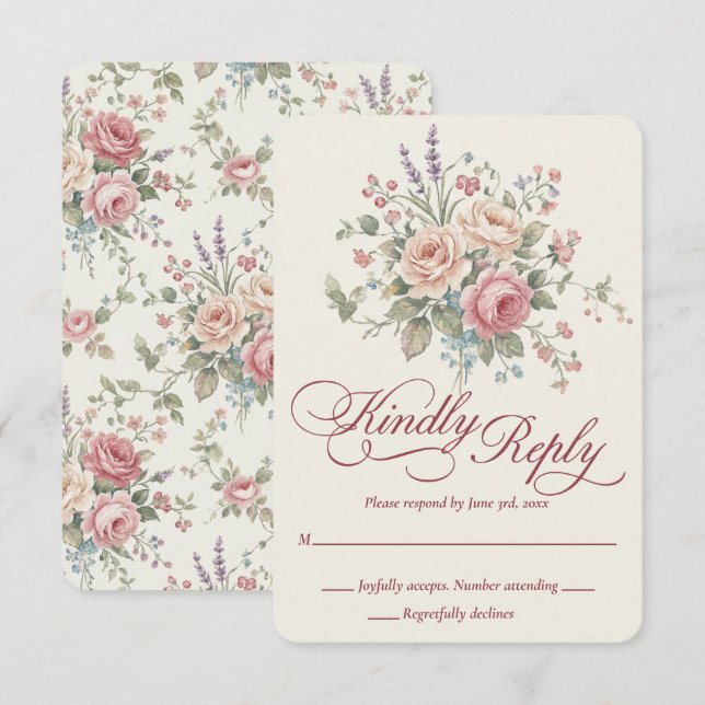 Elegant Pastel Roses Shabby Chic Wedding RSVP Card (Front/Back)