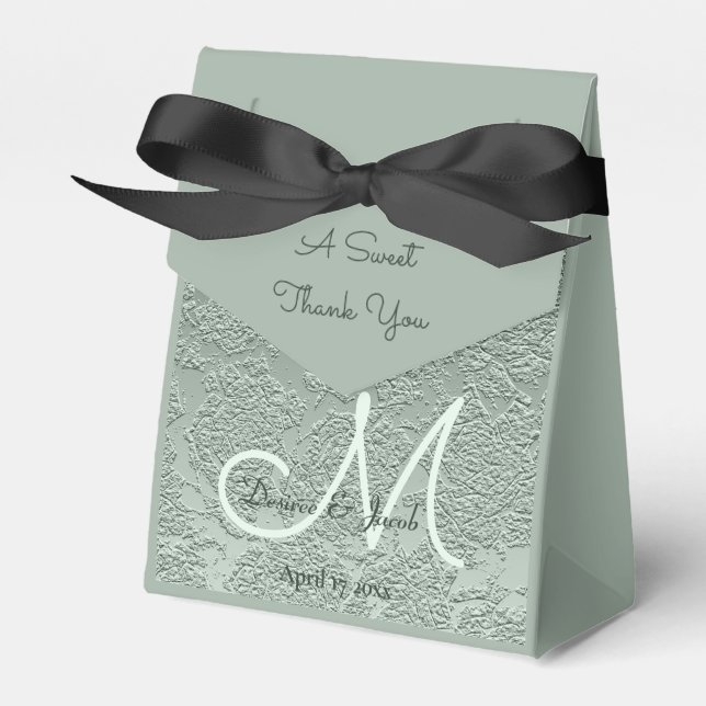 Elegant Pastel Sage Green Wedding Monogram Favor Boxes (Front Side)