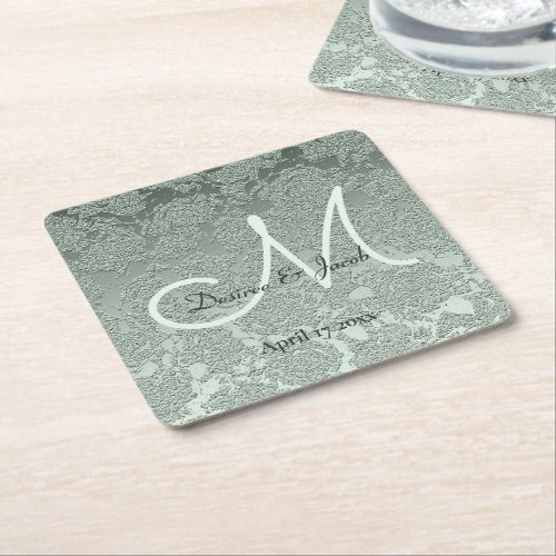 Elegant Pastel Sage Green Wedding Monogram Square Paper Coaster