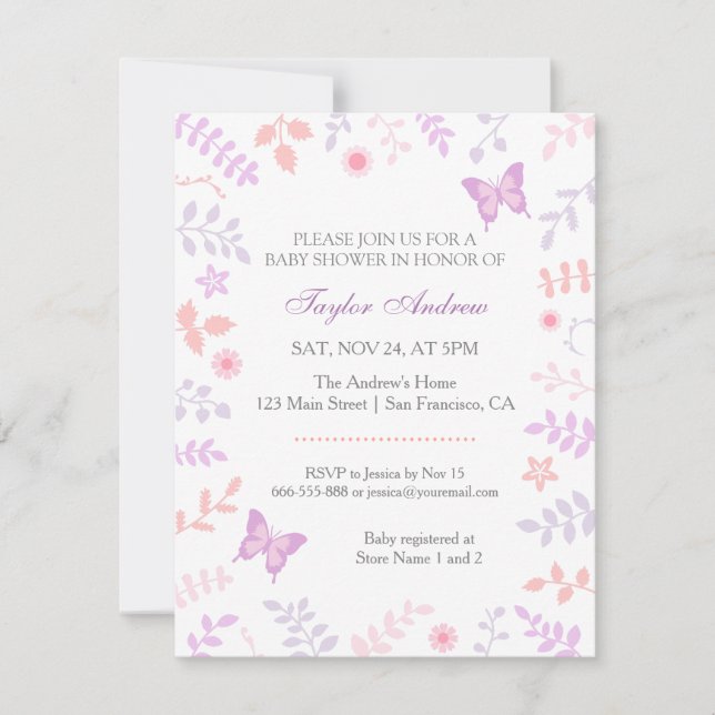 Elegant Pastel Spring Floral Butterfly Baby Shower Invitation (Front)