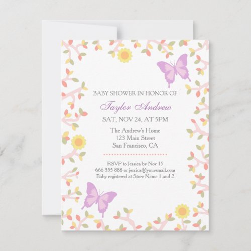 Elegant Pastel Spring Leaves Butterfly Baby Shower 4.25x5.5 Paper Invitation Card