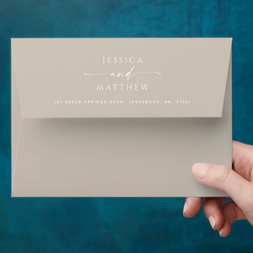 Elegant pastel taupe script minimalist wedding envelope