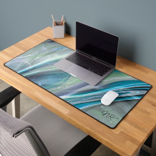     Elegant Pastel Teal Blue Green Monogram Marbly Desk Mat