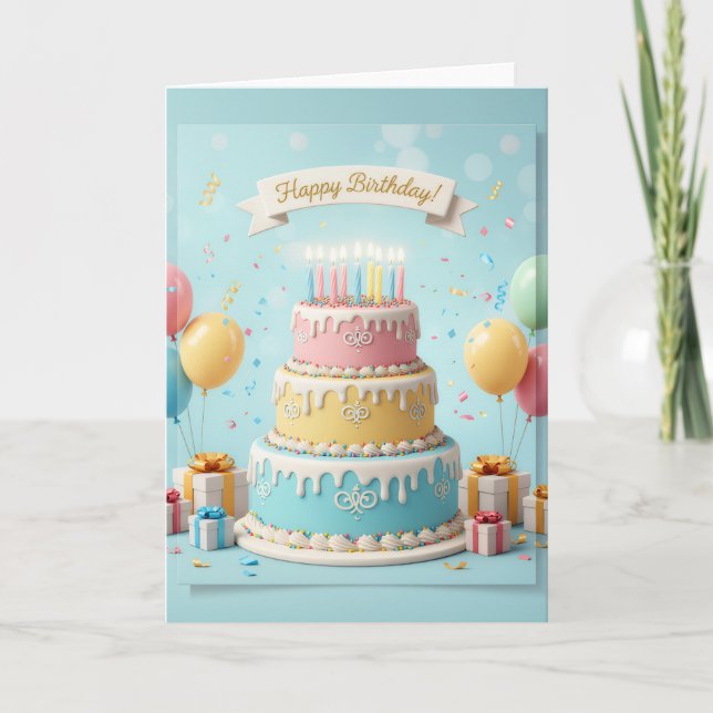 Elegant Pastel Tier Cake – Happy Birthday Card (Front)