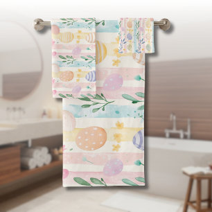 Elegant Pastel Watercolor Easter Stripes Eggs Bath Towel Set