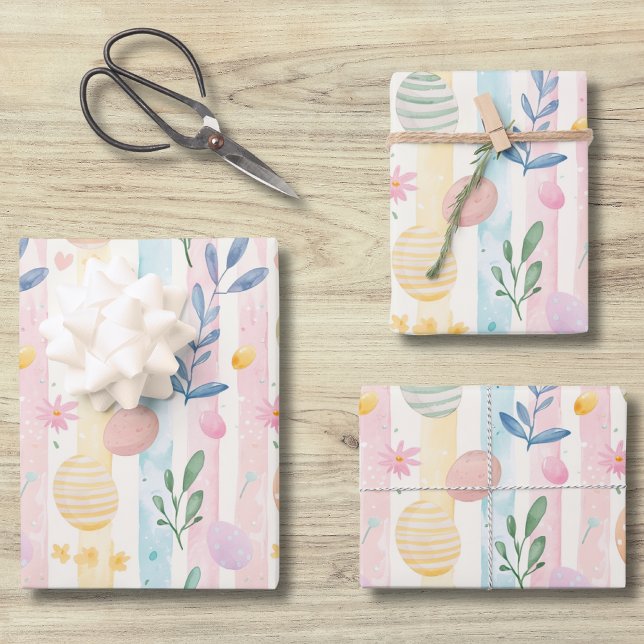 Elegant Pastel Watercolor Easter Stripes Eggs Wrapping Paper Sheets (Creator Uploaded)