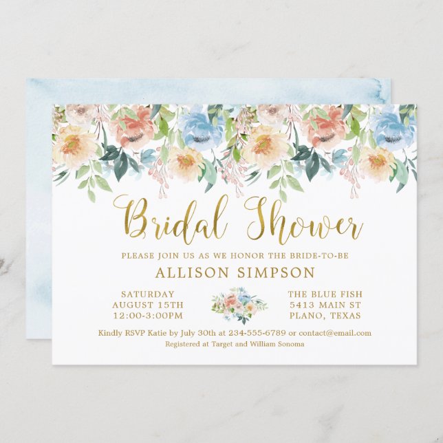 Elegant Pastel Watercolor Floral Bridal Shower Invitation (Front/Back)