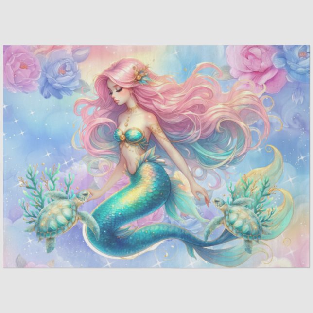 Elegant Pastel Watercolor Mermaid Decoupage Tissue Paper (Front)