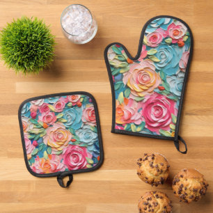 Elegant Pastel Watercolor Painted Flowers Oven Mitt & Pot Holder Set