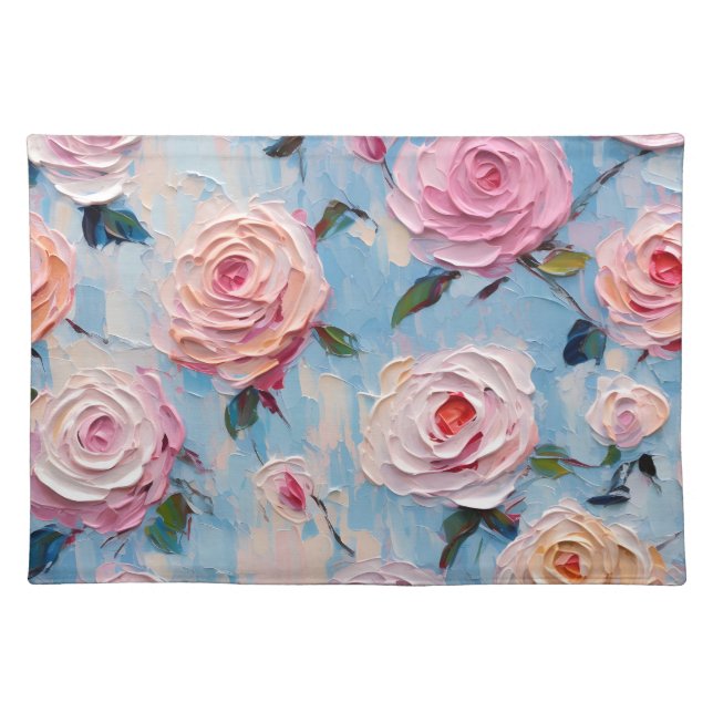 Elegant Pastel Watercolor Painted Pink Roses Cloth Placemat (Front)
