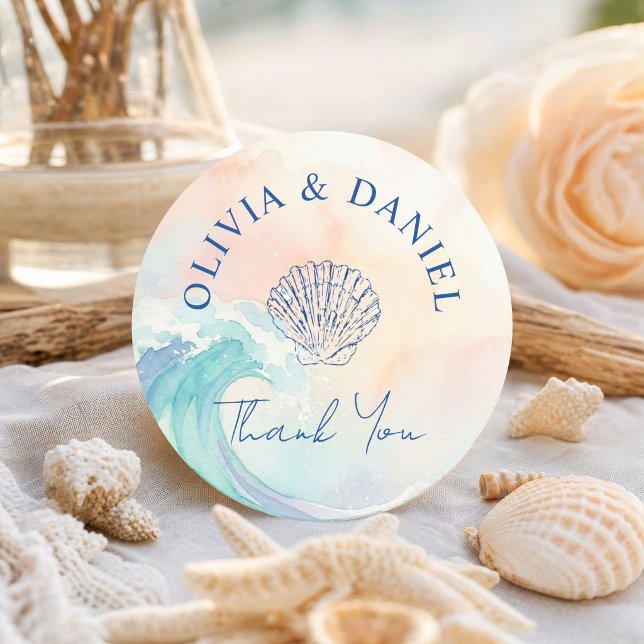 Elegant Pastel Watercolor Sticker | Soft Blush  (#beachsticker #wavesthankyousticker #weddinglabel #watercoloroceanthankyou #blushpinkblue #shellsti)
