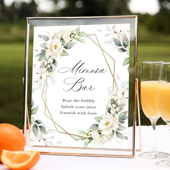 Elegant Pastel White Roses Eucalyptus Mimosa Bar Poster (Creator Uploaded)