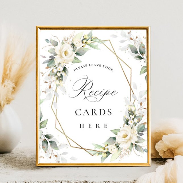 Elegant Pastel White Roses Eucalyptus Recipe Cards Poster (Creator Uploaded)