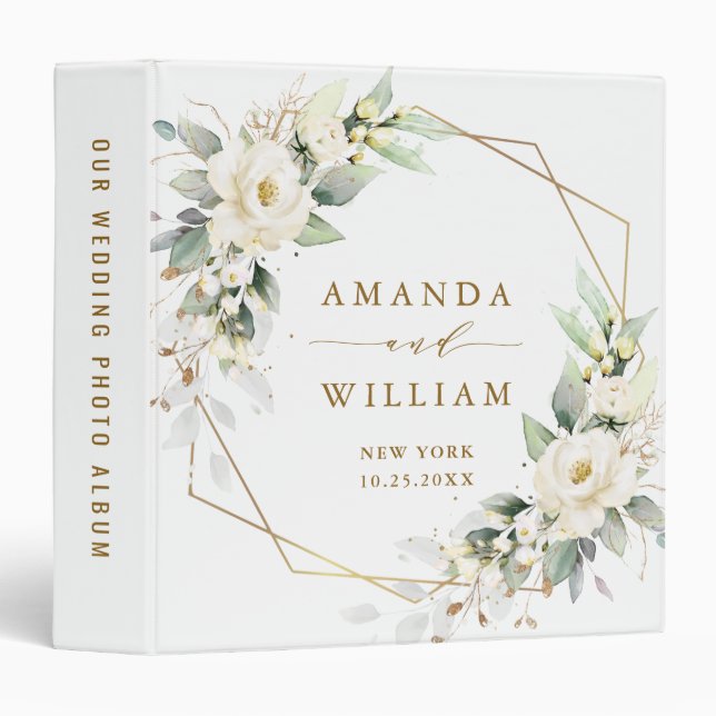 Elegant Pastel White Roses Eucalyptus Wedding 3 Ring Binder (Front/Spine)
