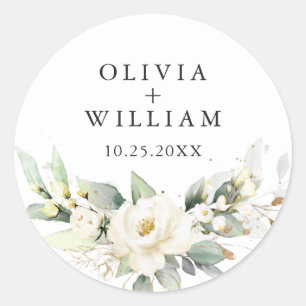 Elegant Pastel White Roses Eucalyptus Wedding Classic Round Sticker