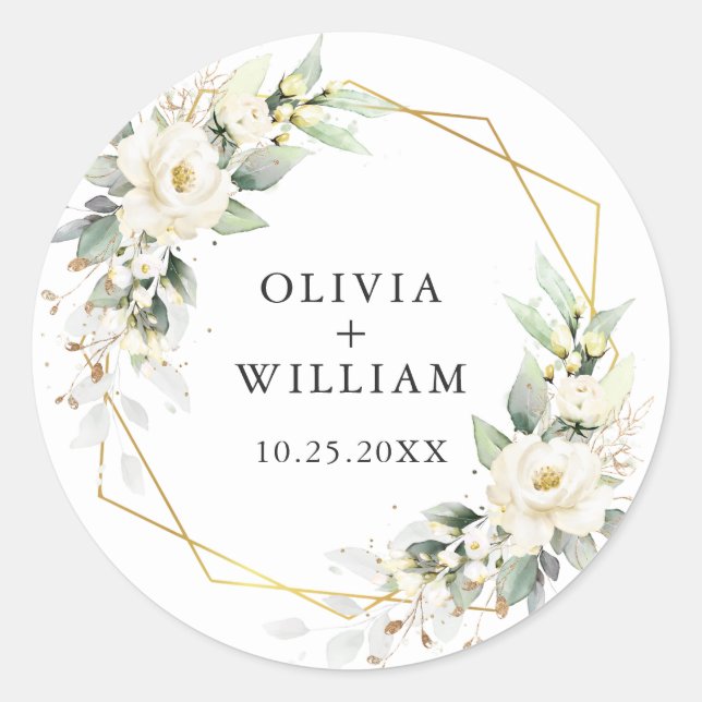 Elegant Pastel White Roses Eucalyptus Wedding Classic Round Sticker (Front)